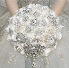 Luxury Satin Rose Crystal Pearl Rhinestone Wedding Bridal Keepsake Bouquet