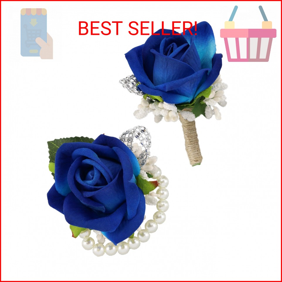 SITUMEIZI 2Pcs Blue Corsage and Boutonniere Set,Corsage Wristlet for Prom Decor,