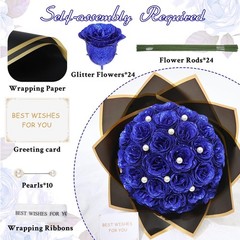Waipfaru Blue Glitter Roses Bouquet, DIY Fake Flowers 24pcs,