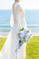 Dusty Blue & White 12″ Cascade Bridal Bouquet – Silk Wedding Flowers