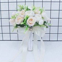 White Silk Rose Bridal Bouquet Handmade Artificial Wedding Flowers Bride Decor