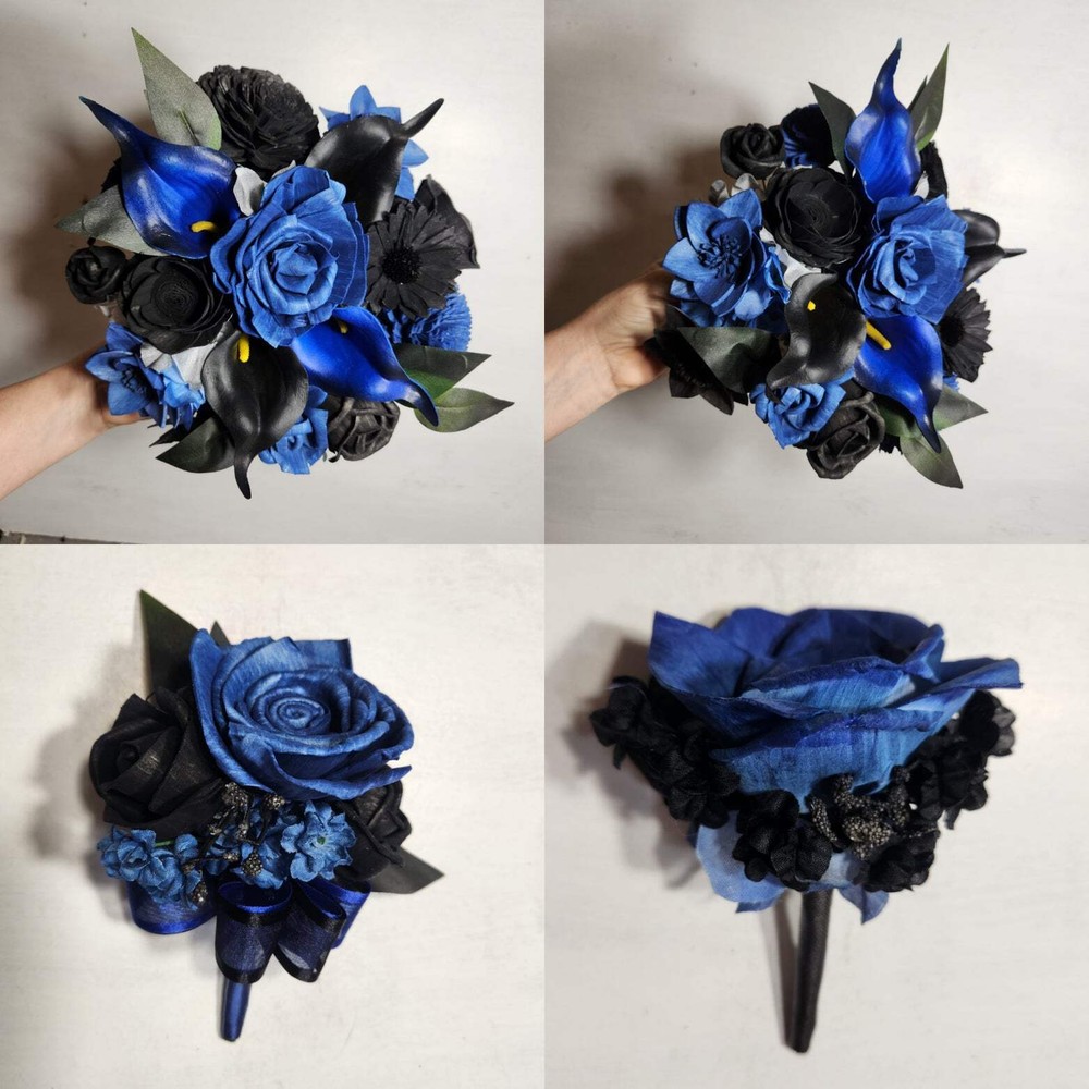 Navy Blue Black Rose Calla Lily Sola Bridal Wedding Bouquet Accessories
