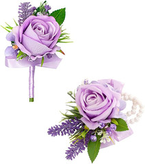 Purple Corsage and Boutonniere Set for Wedding Prom, Artificial Flower Wrist …
