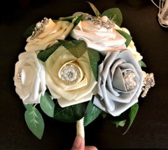 Silver, White & Cream Rose Bridal Bouquet Rhinestone & Pearl Brooch Decoration