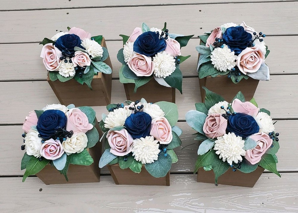 6PC Pink Navy Blue Centerpieces Sola Wood Flower Blush Wedding Baby Shower Decor
