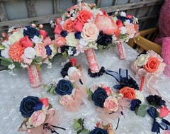 12 PC Blue,Coral,Ivory, Light Rose Wedding Bouquet Set Lace And Bling