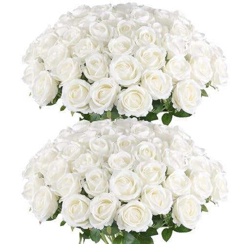 50 White Artificial Roses in Bulk, Fake Velvet Silk Roses Realistic Rose for Wed