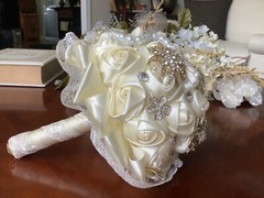 Beautiful White Wedding Brooch Bouquet Gems & Pearl Bridal Satin Rose Flowers