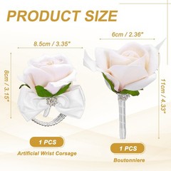 2Pcs Wrist Corsage Boutonnieres Set with White Ribbon, Champagne