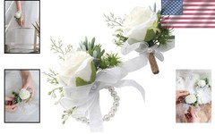 Versatile Ivory Rose Wrist Corsage and Boutonniere Set for Weddings & Festivals