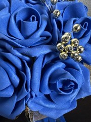 Royal Blue Foam Rose Bouquet Gold Ribbon Accents Wedding Prom Quinceañera Ramo