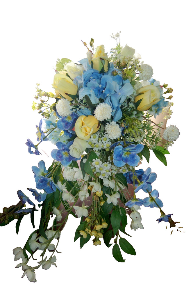 Handmade- One of a Kind Bridal Bouquet Silk, Blue, Yellow, White Cascade NEW