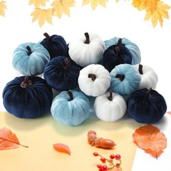 Lonfliness 18Pcs Fall Velvet Pumpkin Harvest Decoration Assorted Faux Blue