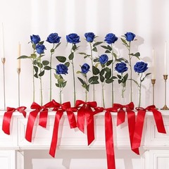 12PCS Artificial Silk Flowers Realistic Roses Bouquet 6 Flowers 6 Buds Blue