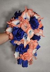 Coral Royal Blue Rose Calla Lily Bridal Wedding Bouquet Accessories