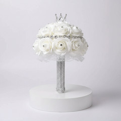 Real Touch Wedding Bouquet White Roses Crystal Bling Handle Silk Bridal Flowers