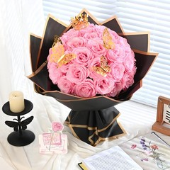 Waipfaru Pink Glitter Roses Bouquet, DIY Fake Flowers 24pcs,