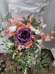 27 Inch Long Purple, Peach And White Cascading Bridal Bouquet