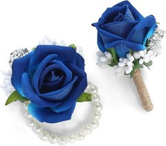 Sophisticated Royal Blue Flower Wrist Corsage & Boutonniere – Wedding Essentials