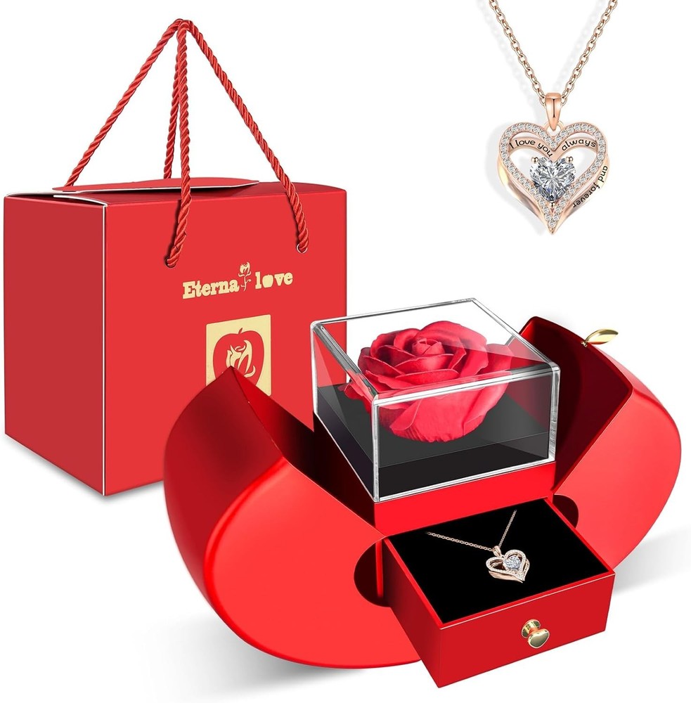 Preserved Red Rose Flowers with Love Necklace Gifts for Women Mom Birthday Prom
