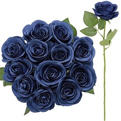 12pcs Roses Artificial Flowers Fake Roses Flowers with Long 12PCS Navy Blue
