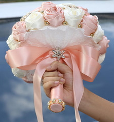 Pale Pink & Ivory Satin Rose Bridal Toss Bouquet – 9.4″ Handmade Floral Bunch