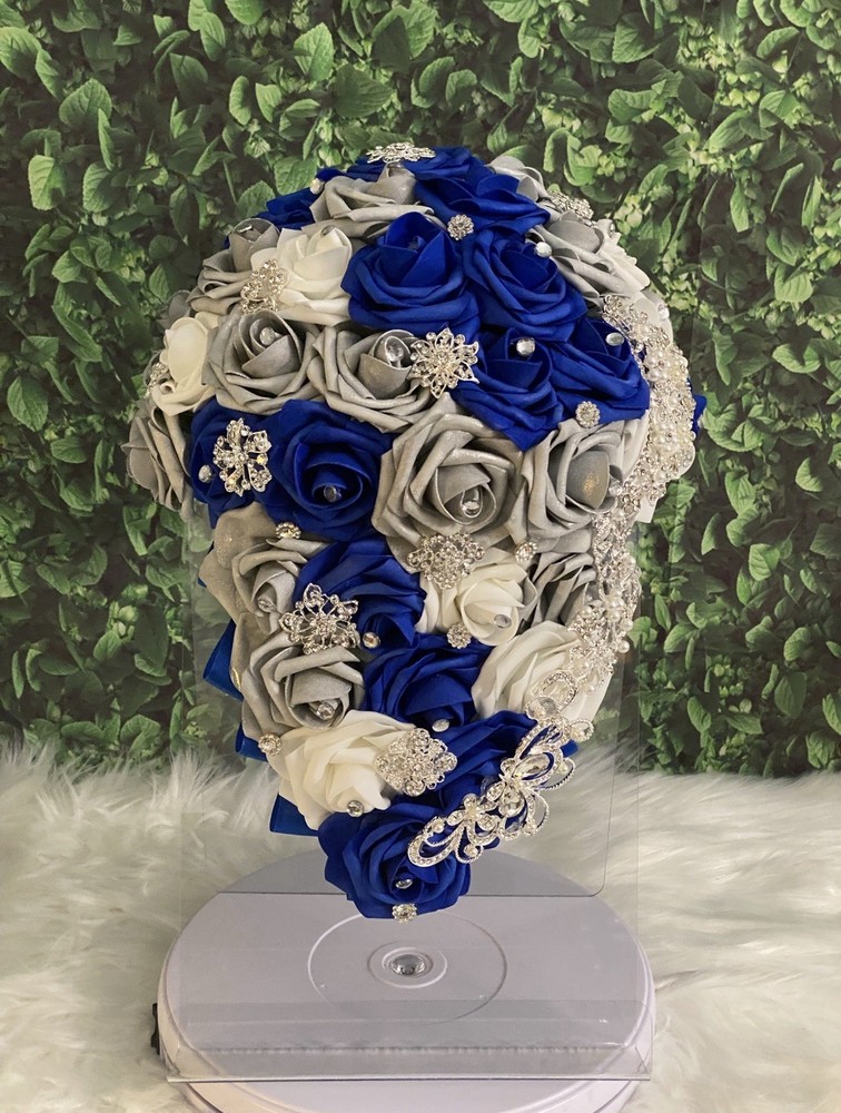 Cascade Brooch Bridal Bouquet -Royal Blue/silver/white – Made-To-Order