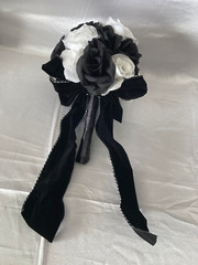 Wedding Bouquet Set, Black & White Roses, Black Velvet Bows, 21 Pc Flowers