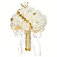 Real Touch Wedding Bouquet White Roses Crystal Bling Handle Silk Bridal Flowers