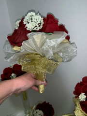 LOT OF 8 SILK Red Rose Wedding Bouquets with Gold Wired Ribbon & Gold & Shiny