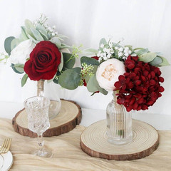 Burgundy & White Silk Rose Bridesmaid Bouquets Set of 8 for Weddings