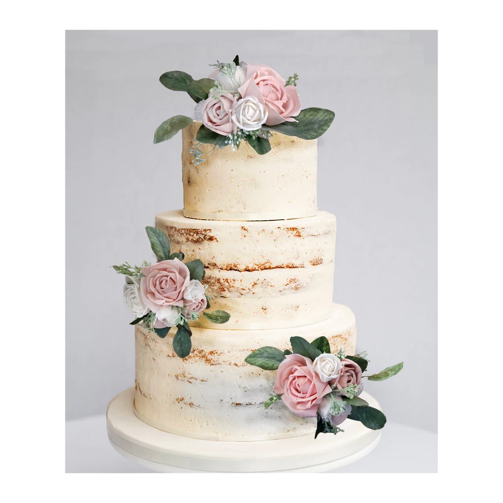 3PC Blush Pink & White Sola Wood Wedding Cake Flowers Topper Rose Party Decor