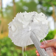 Real Touch Wedding Bouquet White Roses Crystal Bling Handle Silk Bridal Flowers