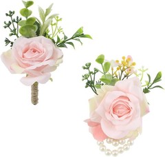 Wrist Corsage and Boutonniere Set2pcs, Artificial Silk Rose Pink Wrist Flower…