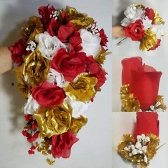Red White Gold Rose Bridal Wedding Bouquet Accessories