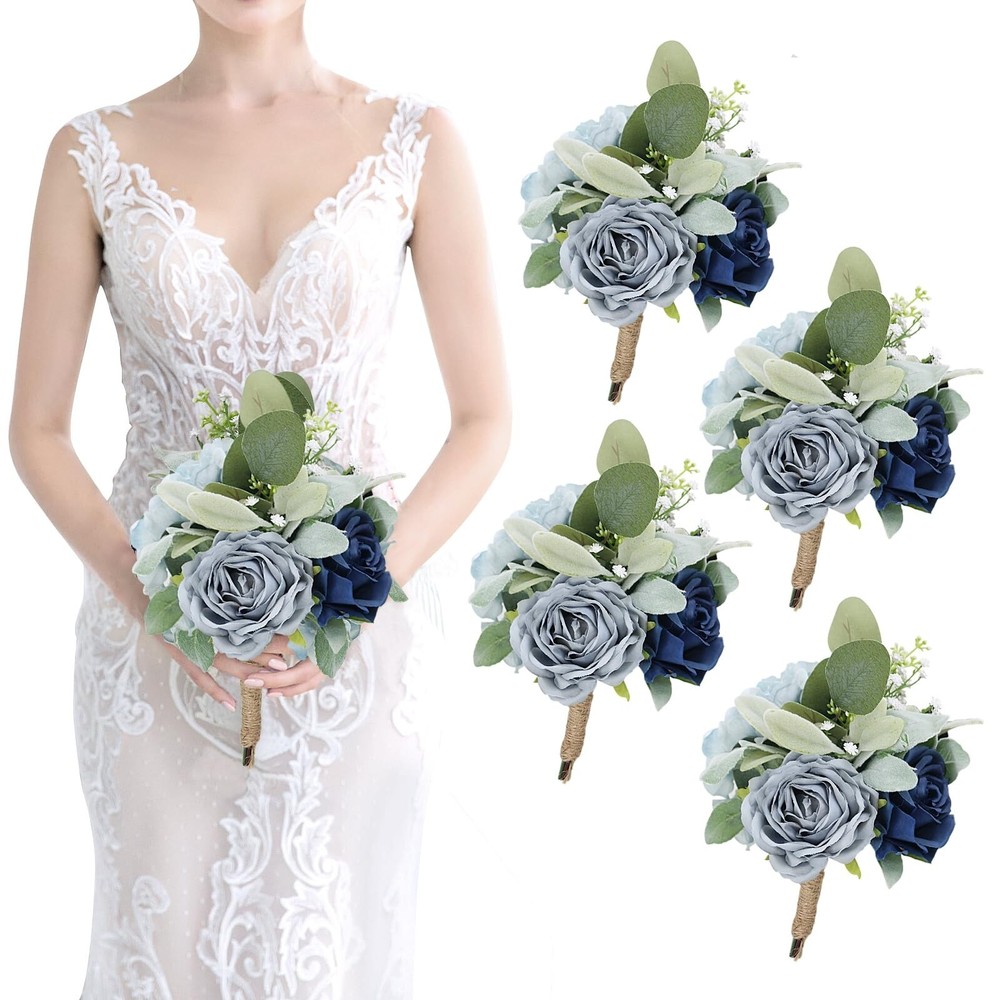 Artificial Bridesmaid Bouquets – Set of 4 Silk Rose Flowers Bouquet Wedding R…