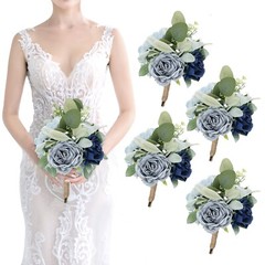 Artificial Bridesmaid Bouquets – Set of 4 Silk Rose Flowers Bouquet Wedding R…