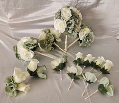 Wedding Bouquet Package, Ivory, Green, White, Roses, 14 Pieces