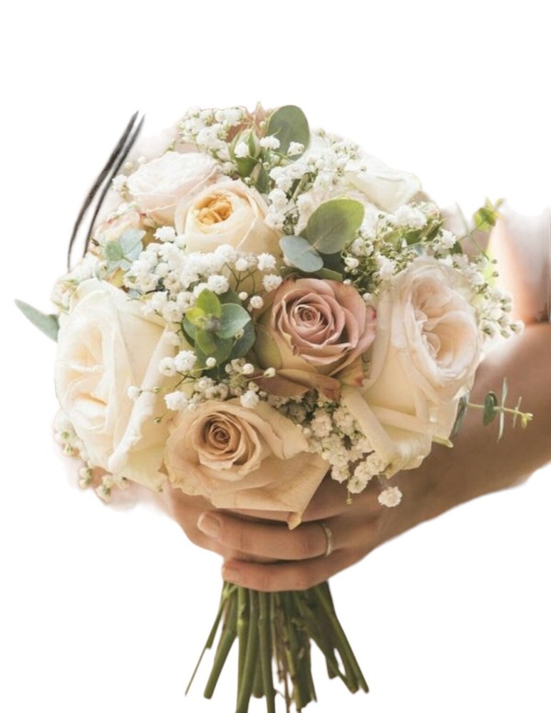 Bridal Bouquet Champagne , Dark Sand Color Roses. Baby’s Breath Eucalyptus.