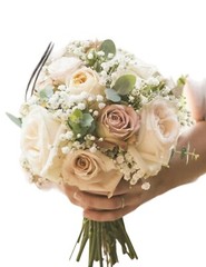 Bridal Bouquet Champagne , Dark Sand Color Roses. Baby’s Breath Eucalyptus.