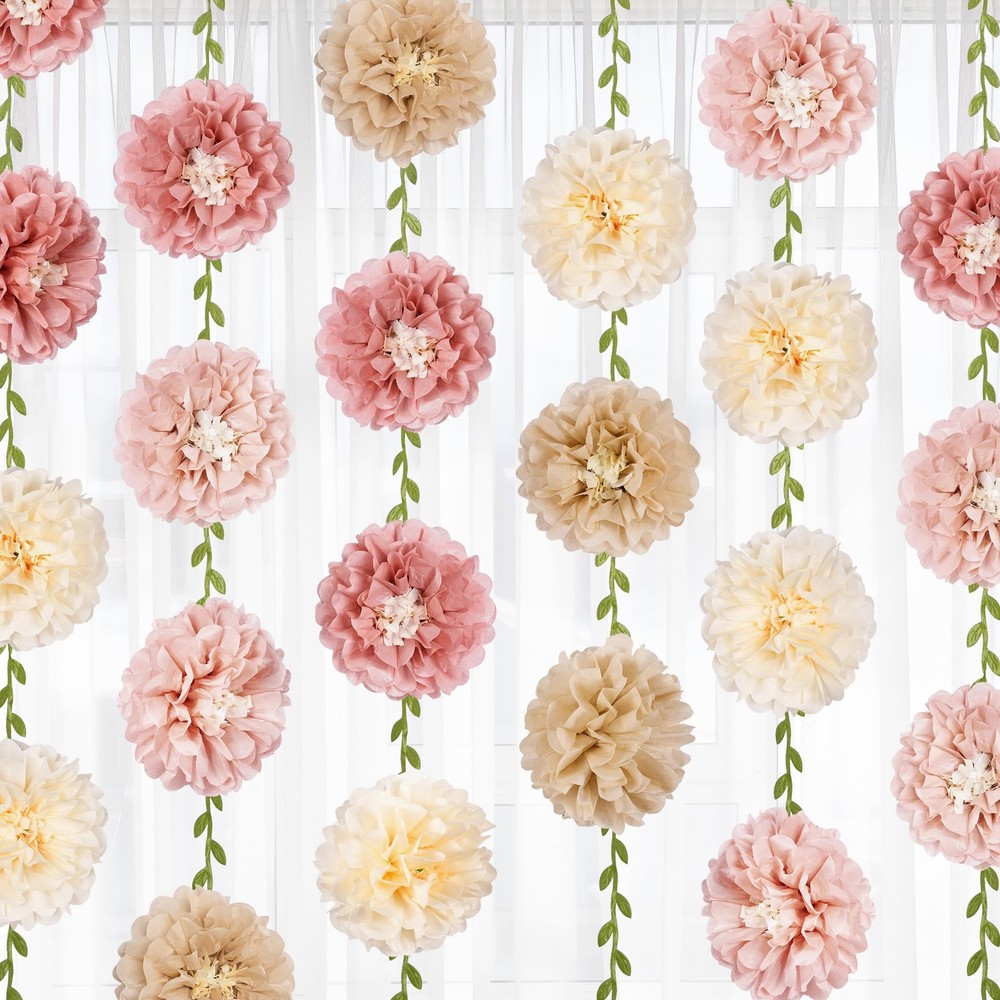 Kriyokiaa Tissue Paper Flowers Boho Blush Pink Pom 6 Inches, Dusty
