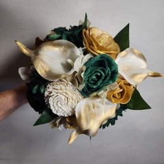 Hunter Green Ivory Gold Rose Sola Wood Bridal Wedding Bouquet Accessories