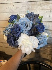 Dusty Blue, Navy and White Bridal Bouquet With Matching Boutonnière