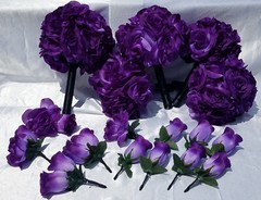 17 Pc. Wedding Bouquet Package, Purple Roses, Purple & Black Wedding Bouquet Set