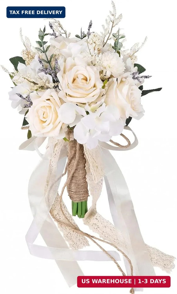 CEWOR Wedding Bouquets for Bride Bridesmaid, White Champagne Artificial Roses Fl