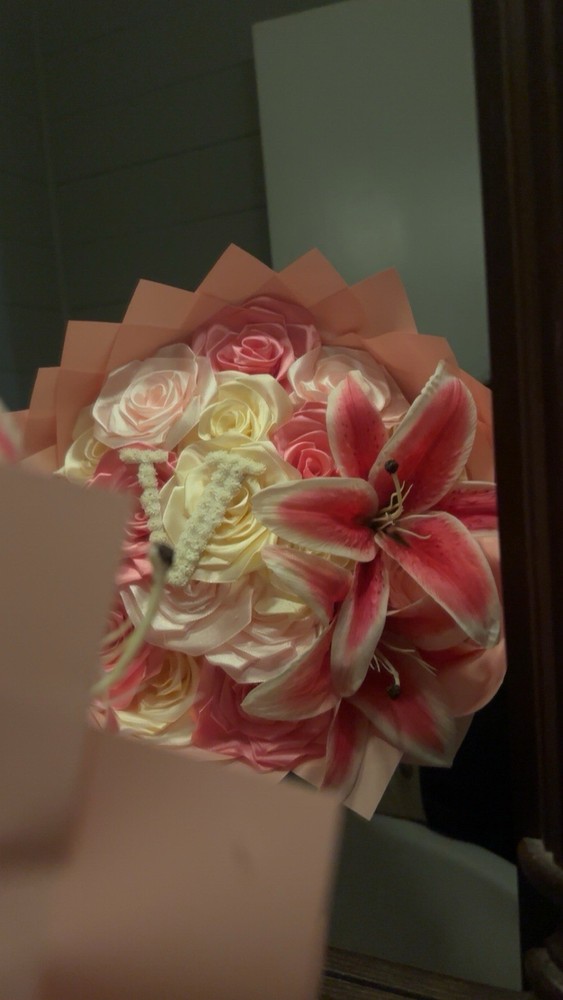 17 Count Pink And White Ribbon Rose Bouquet, With Custom Initial And 2 Lilies