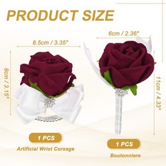 2Pcs Wrist Corsage Boutonnieres Set with White Ribbon, Bright Red
