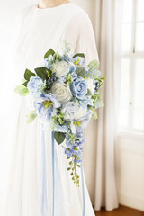 Dusty Blue & White 12″ Cascade Bridal Bouquet – Silk Wedding Flowers