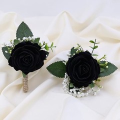 2Pcs Rose Corsage and Men Boutonniere 1 Boutonniere & 1 Wrist Corsage Black