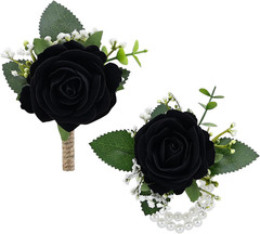 2Pcs Black Rose Corsage and Men Boutonniere Set, Wrist Band Bracelets, for Weddi